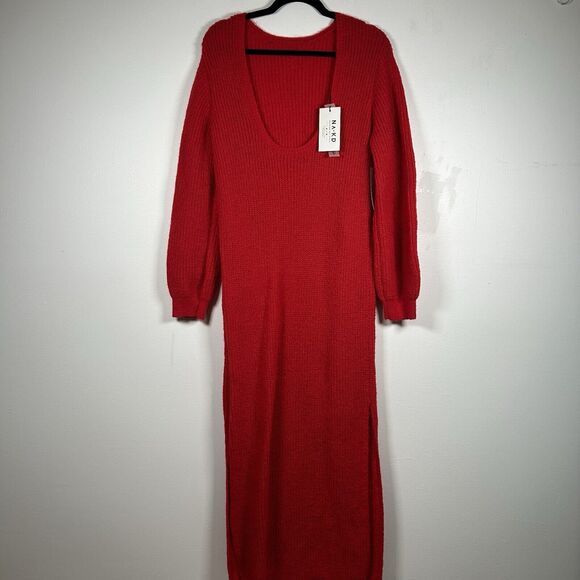 NWT NAKD Knitted Open Back Wide Sleeve Slit Sweater Dress Red Women's Size S/M - Picture 5 of 12